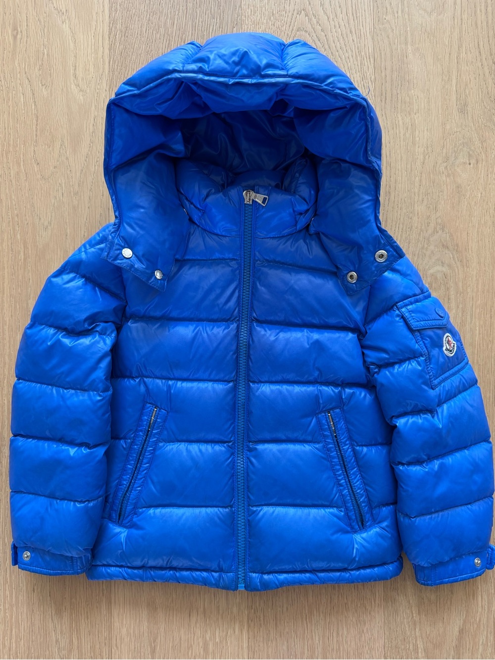 Moncler New Maya Boys Down Jacket in blue, size 6